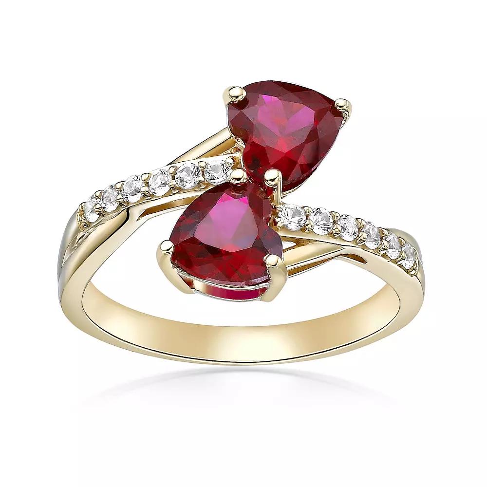 Gemminded 18k Gold Over Silver Lab-Created Gemstone & Lab-Created White Sapphire Two-Heart Ring, Womens Created Red Product Image