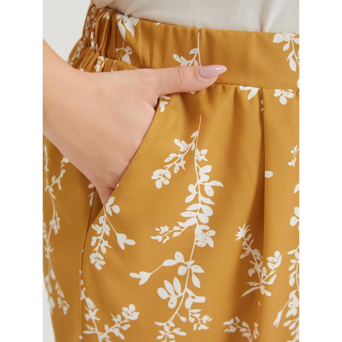 Plus Size Silhouette Floral Print Pocket Split Side Pants Women Yellow Elegant Straight Leg High Rise Dailywear Pants BloomChic 14-16/1X Product Image