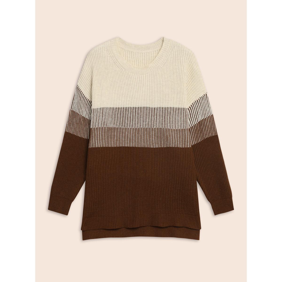 Plus Size Colorblock Contrast Texture Slit Hem Pullover Browncoffeecolor Women Leisure Loose Long Sleeve Round Neck Casual Pullovers BloomChic 14-16/1X Product Image