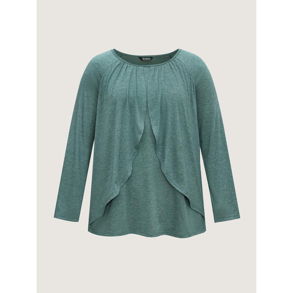 Plus Size 2-In-1 Gathered Ruffle Trim T-Shirt Teal Women Timeless Gathered Round Neck Elegant T-shirts BloomChic 12/L Product Image