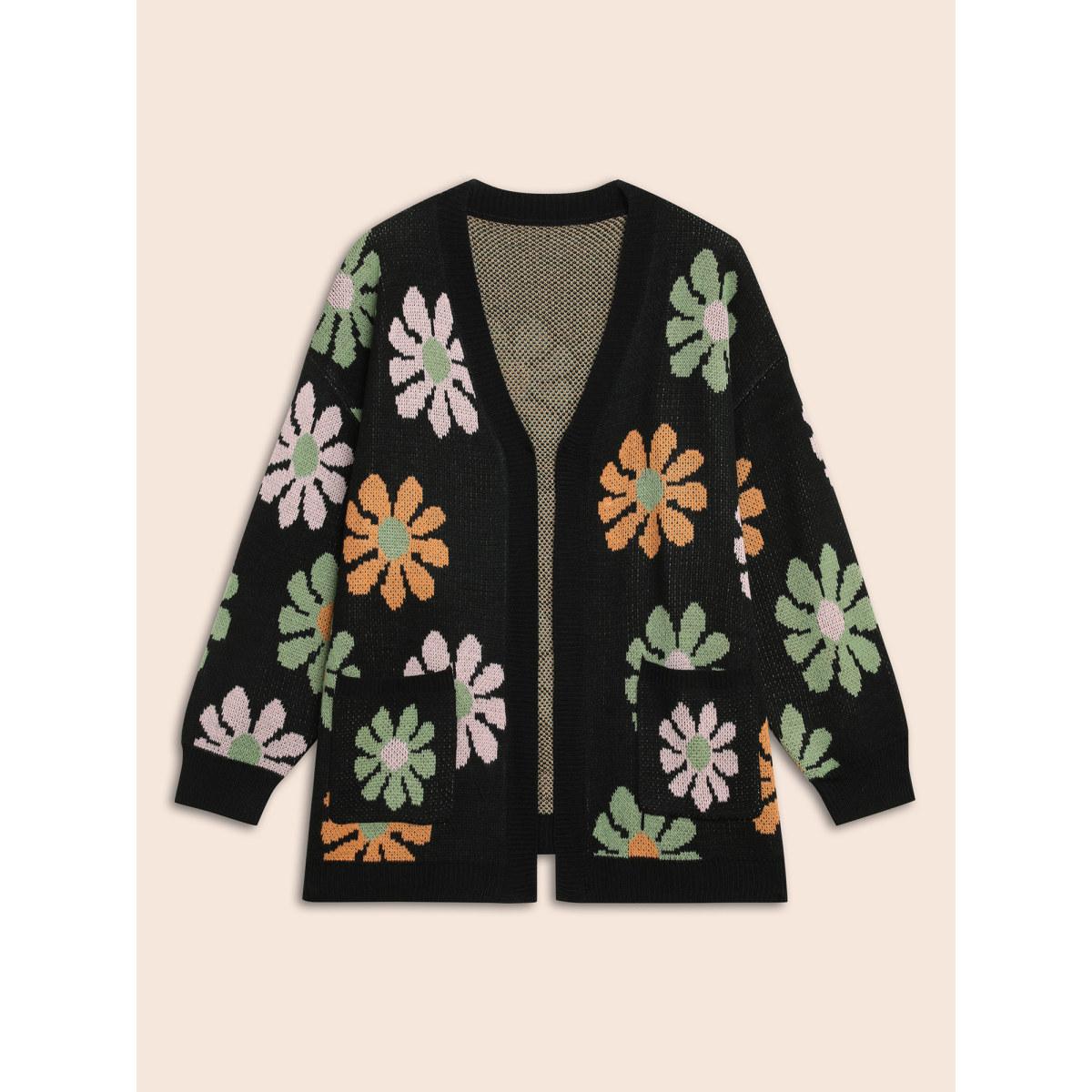 Plus Size Contrast Floral Patch Pocket Cardigan Black Women Casual Loose Long Sleeve Everyday Cardigans BloomChic 30/6X Product Image