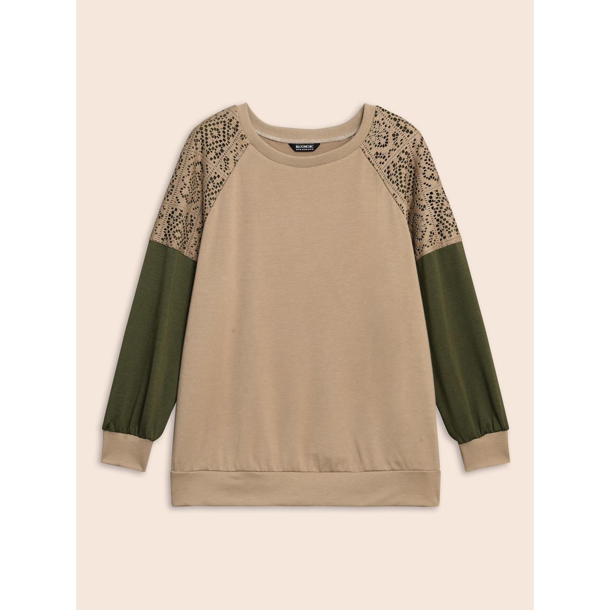 Plus Size Lace Patchwork Contrast Raglan Sleeve Sweatshirt Women Tan Casual Contrast Round Neck Everyday Sweatshirts BloomChic 12/L Product Image