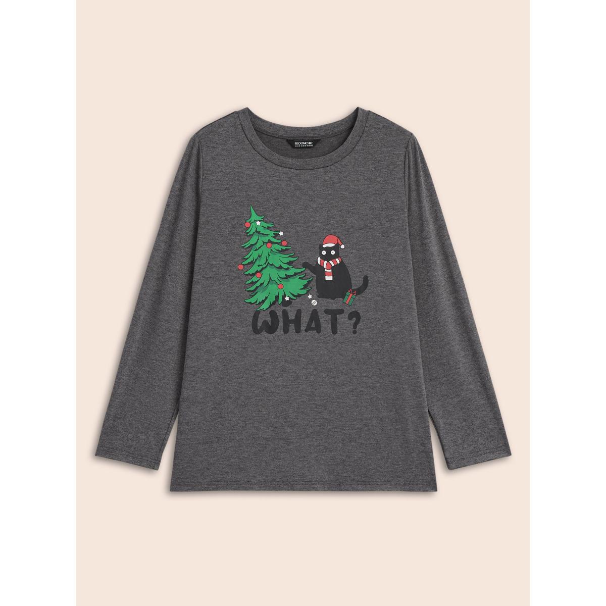Plus Size Festive Cat And Tree Printed Slim-Fit Tee DimGray Women Casual Non Christmas Round Neck Everyday T-shirts BloomChic 14-16/1X Product Image