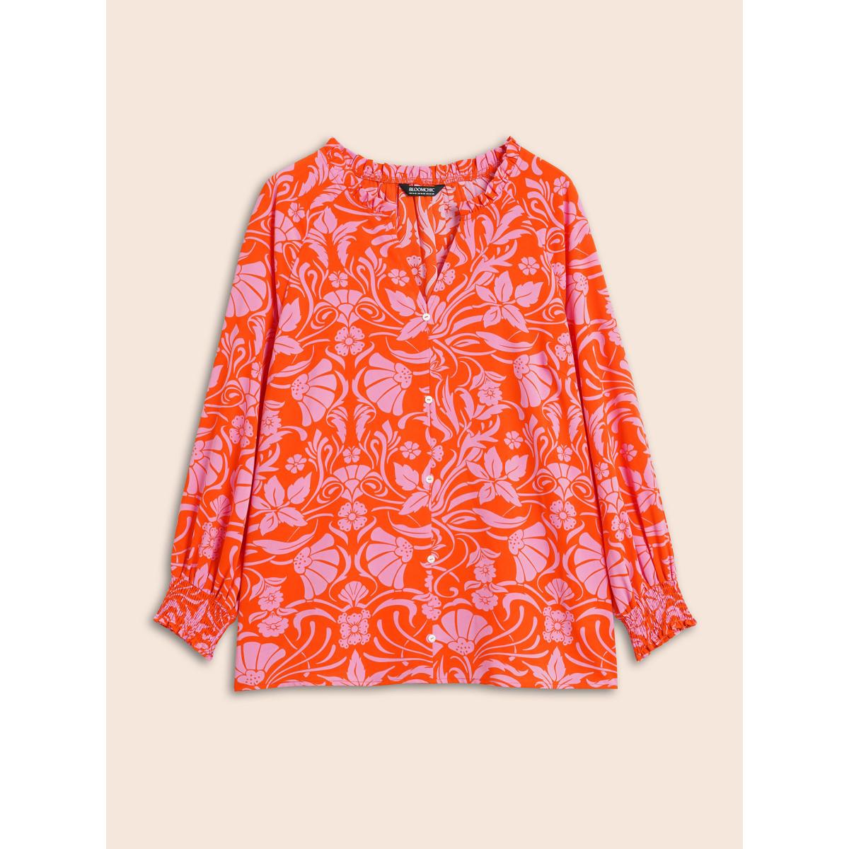 Plus Size Rosered Floral Shirred Frill Trim Lantern Sleeve Blouse Women Elegant Long Sleeve V-neck Everyday Blouses BloomChic 26/4X Product Image