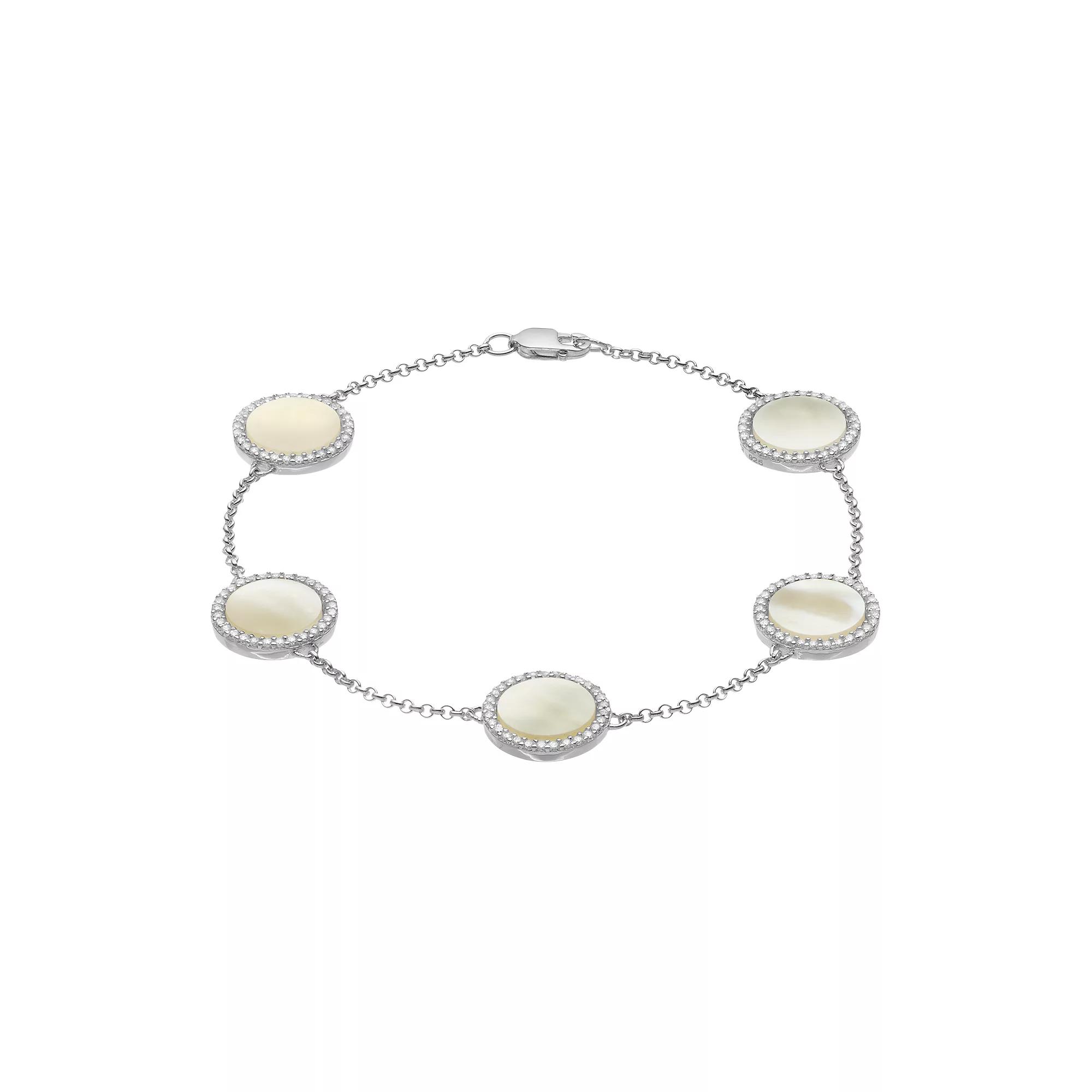 Sterling Silver Mother-of-Pearl & Cubic Zirconia Halo Station Bracelet, Women's, Size: 7.5" Product Image