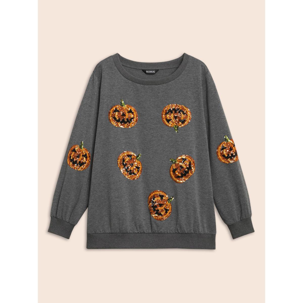 Plus Size Jack-O-Lantern Sequin Sweatshirt Women DimGray Casual Contrast Loose Round Neck Everyday Sweatshirts BloomChic 14-16/1X Product Image