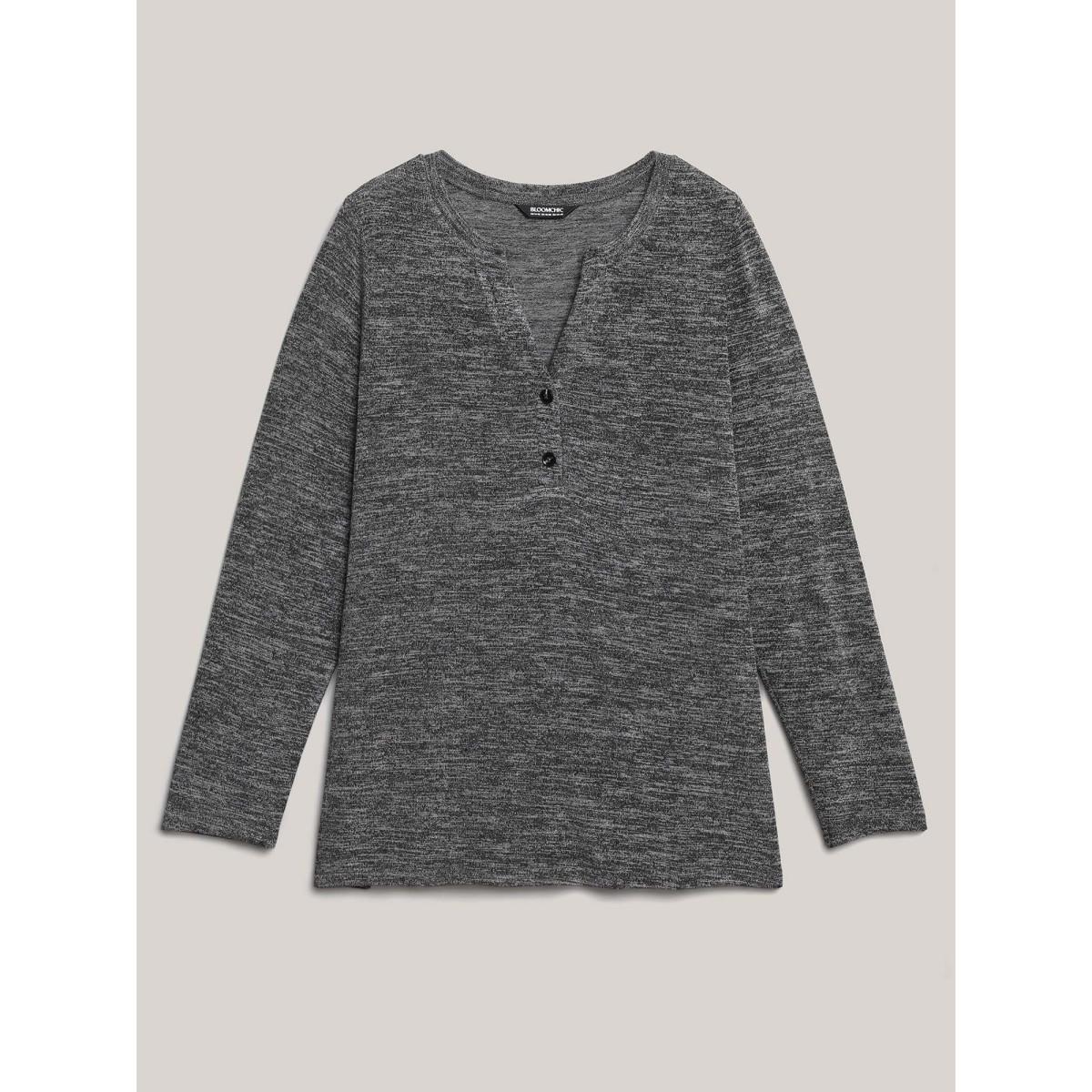 Plus Size Heather Textured Button-Front Fitted T-Shirt DimGray Women Casual Button Notched collar Bodycon Everyday T-shirts BloomChic 10/M Product Image