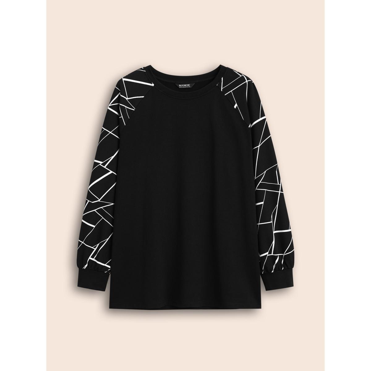 Plus Size Geometric Round Neck Raglan Sleeve Sweatshirt Women Black Casual Elastic cuffs Round Neck Dailywear Sweatshirts BloomChic 22-24/3X Product Image