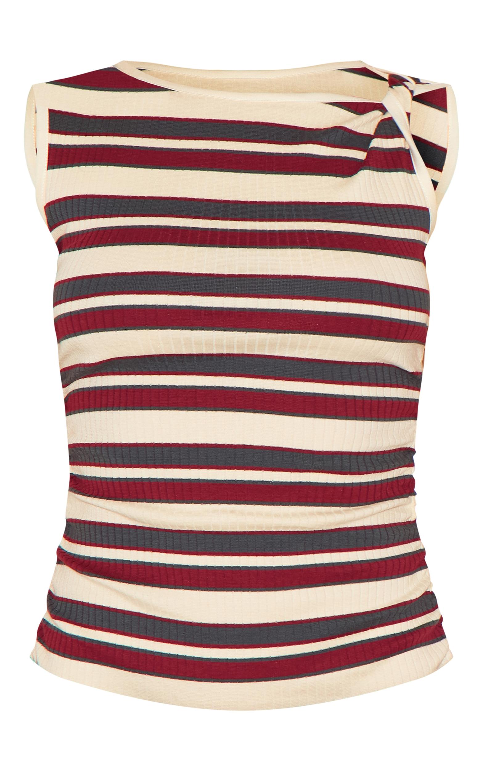 Burgundy Striped Twist Shoulder Bodycon Dress Product Image