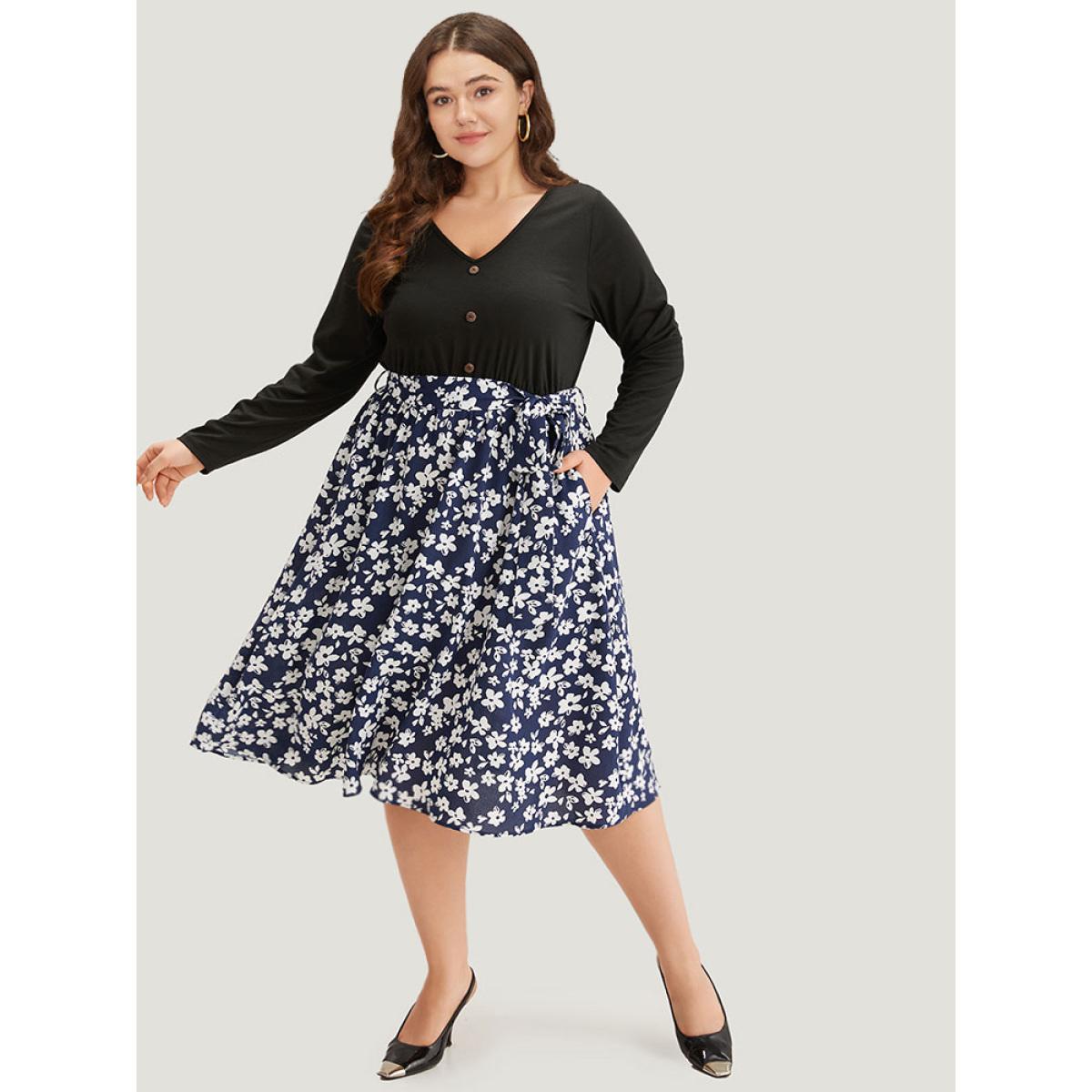 Plus Size Silhouette Floral Print Belted Button Detail Dress Navy Women Office Printed V-neck Long Sleeve Curvy Midi Dress BloomChic 10/M Product Image