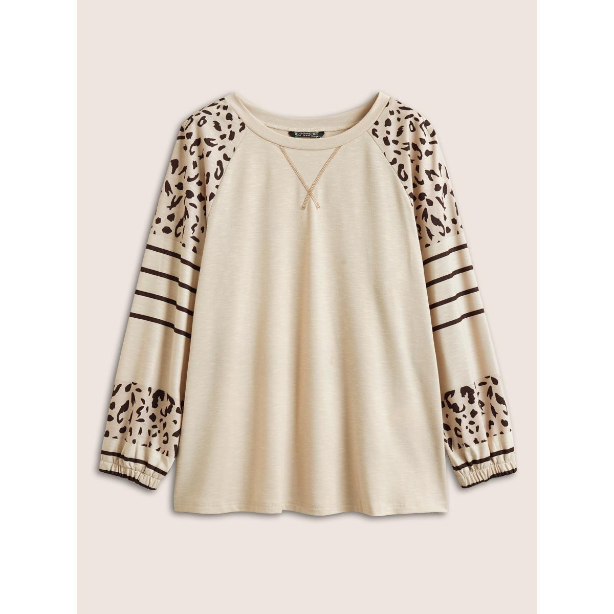 Plus Size Striped Leopard Patchwork Raglan Sleeve Sweatshirt Women Champagne Casual Patchwork Round Neck Everyday Sweatshirts BloomChic 12/L Product Image