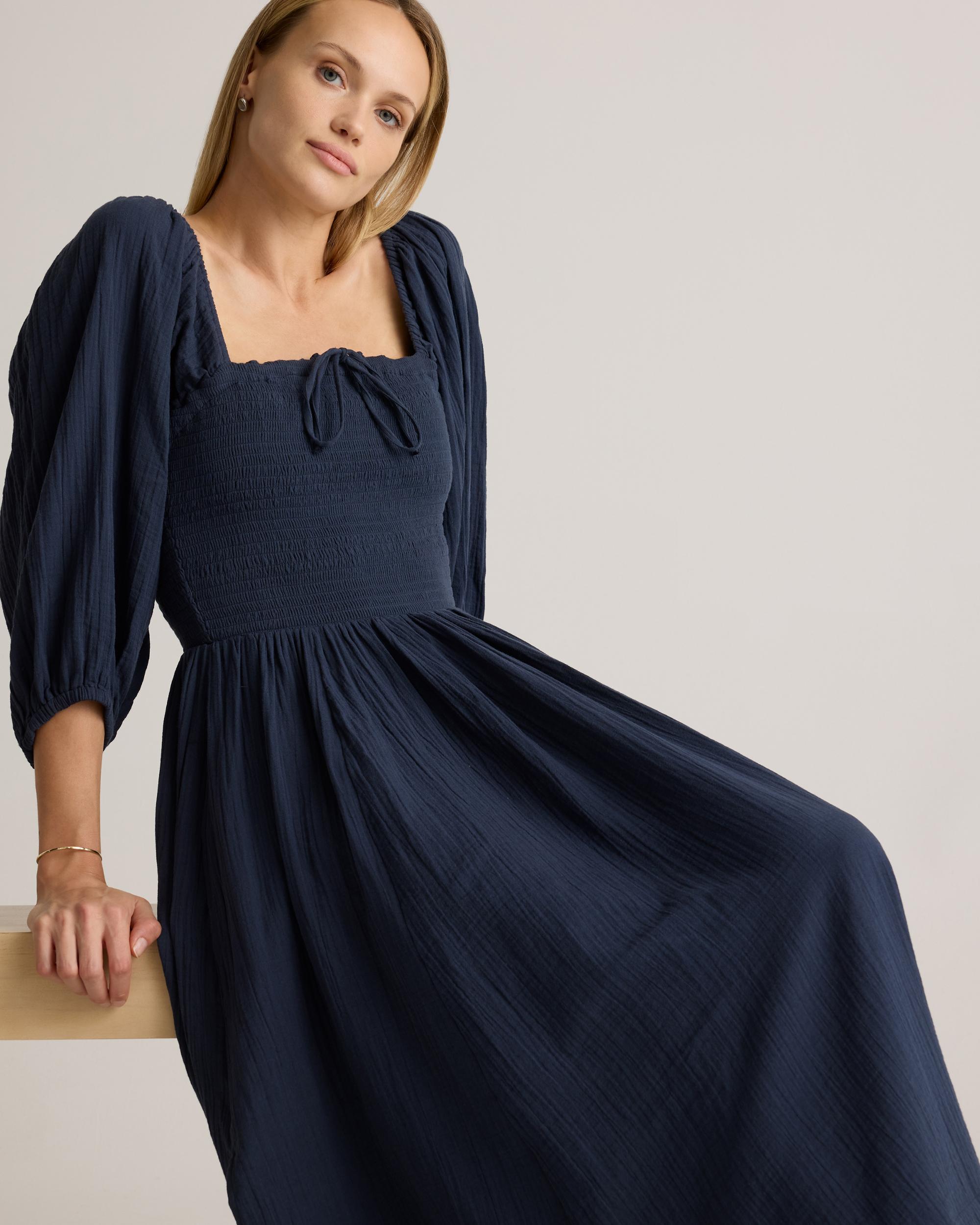 Quince | Women's Gauze Smocked Square Neck Midi Dress Organic Cotton Product Image