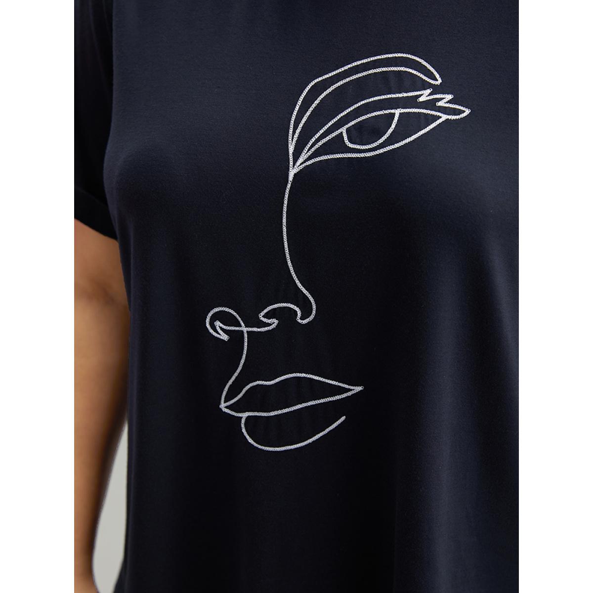 Plus Size Art & Design Embroidered Crew Neck T-shirt Indigo Women Casual Printed Art&design Dailywear T-shirts BloomChic 26/4X Product Image