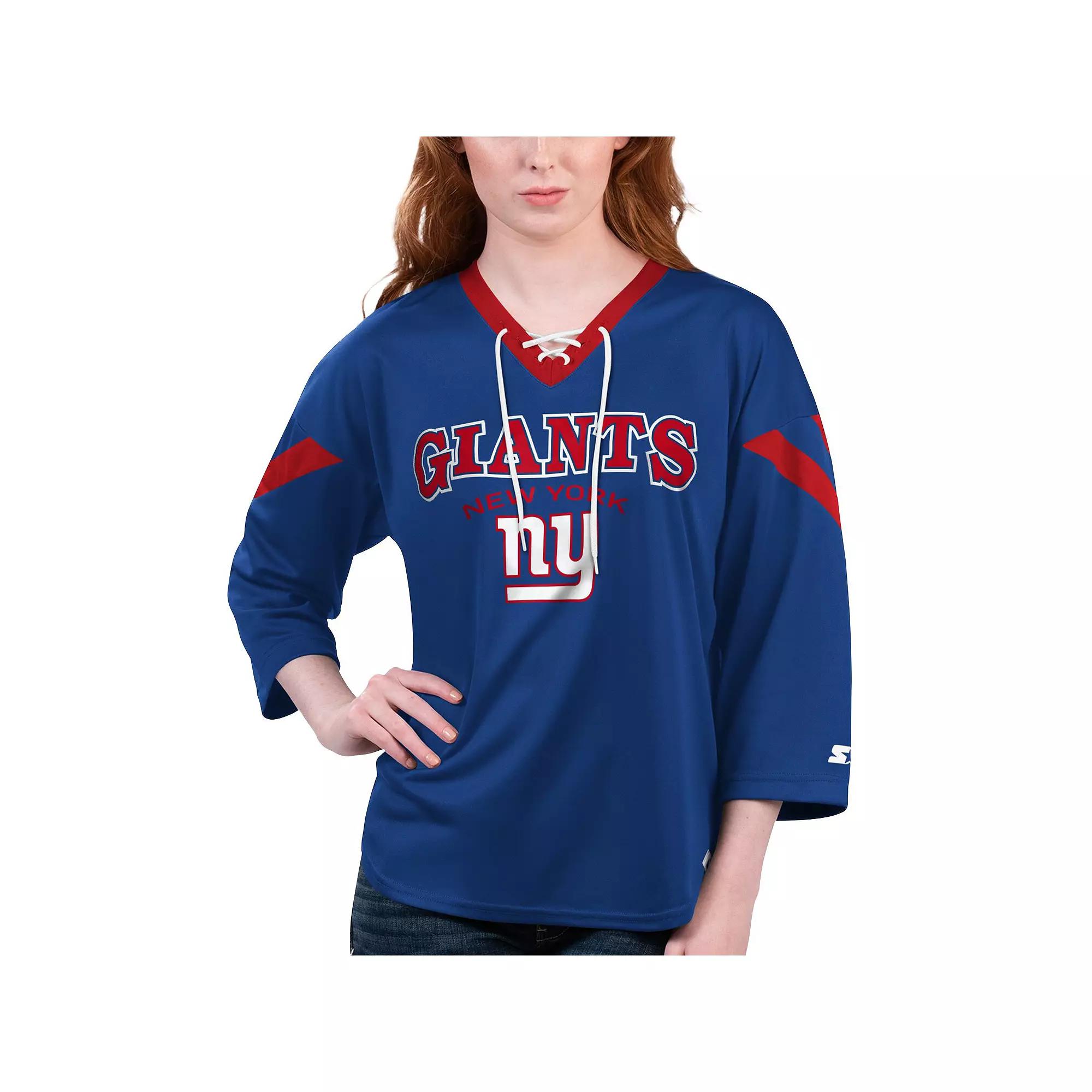 Women's Starter Royal New York Giants Rally Lace-Up 3/4 Sleeve T-Shirt,  Product Image