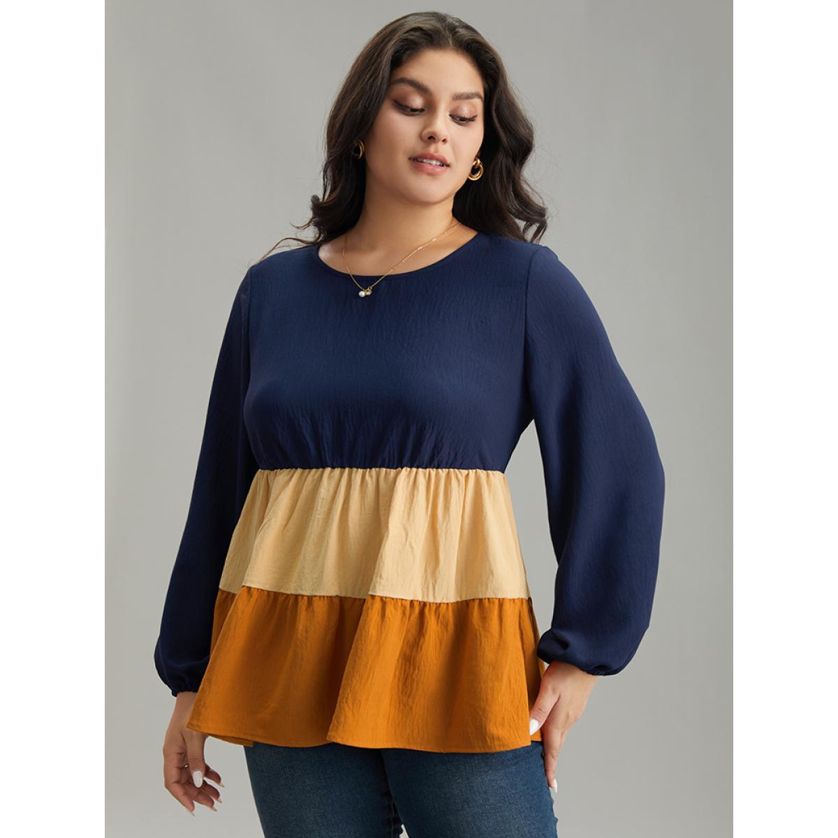 Plus Size Multicolor Colorblock Contrast Gathered Ruffle Layered Hem Blouse Women Elegant Long Sleeve Round Neck Dailywear Blouses BloomChic 10/M Product Image