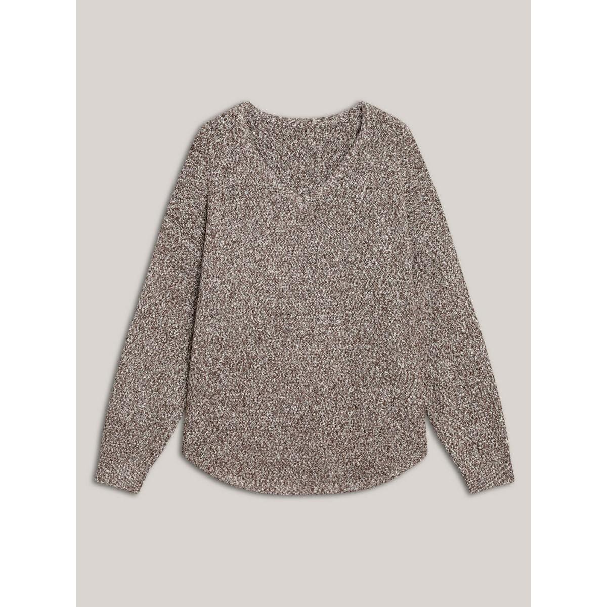 Plus Size Textured V-Neck Curved Hem Pullover DarkBrown Women Casual Loose Long Sleeve V-neck Everyday Pullovers BloomChic 14-16/1X Product Image