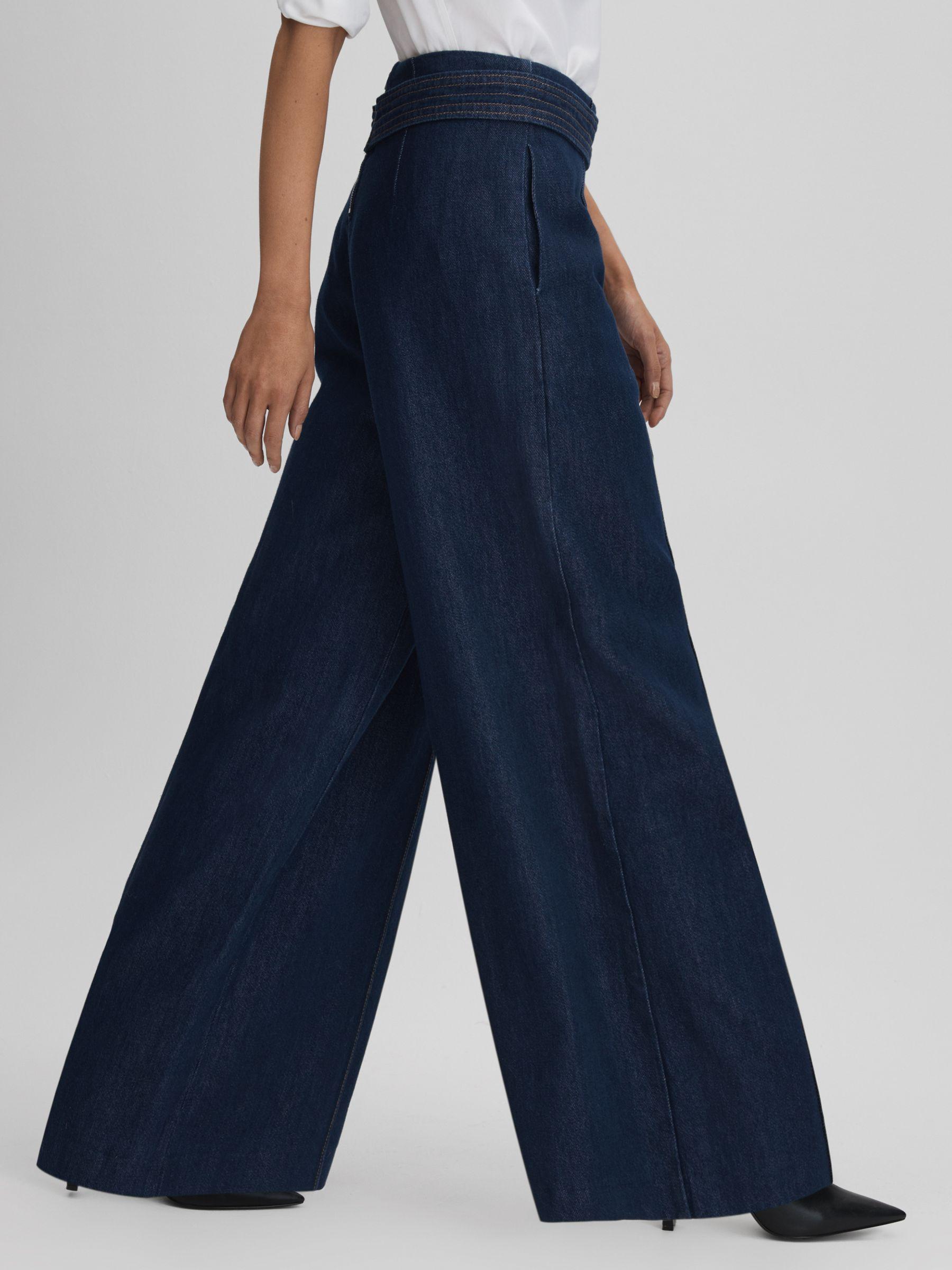 Belted Wide Leg Jeans in Dark Blue Product Image