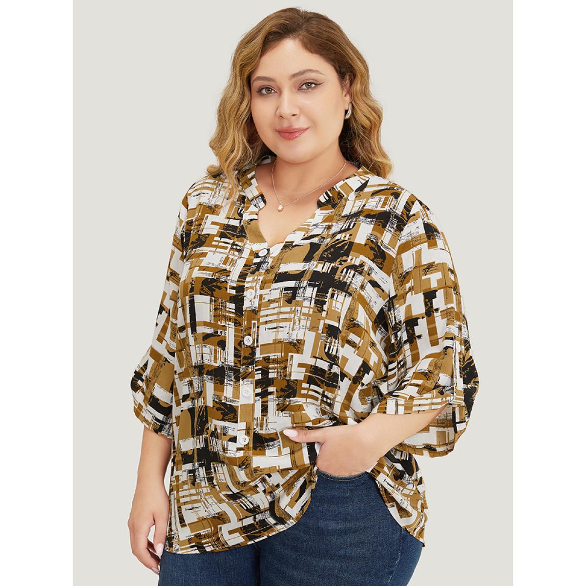 Plus Size Bronze Graphic Print Notched Button Detail Cuffed Sleeve Blouse Women Office Elbow-length sleeve Notched collar Office Blouses BloomChic 28/5X Product Image