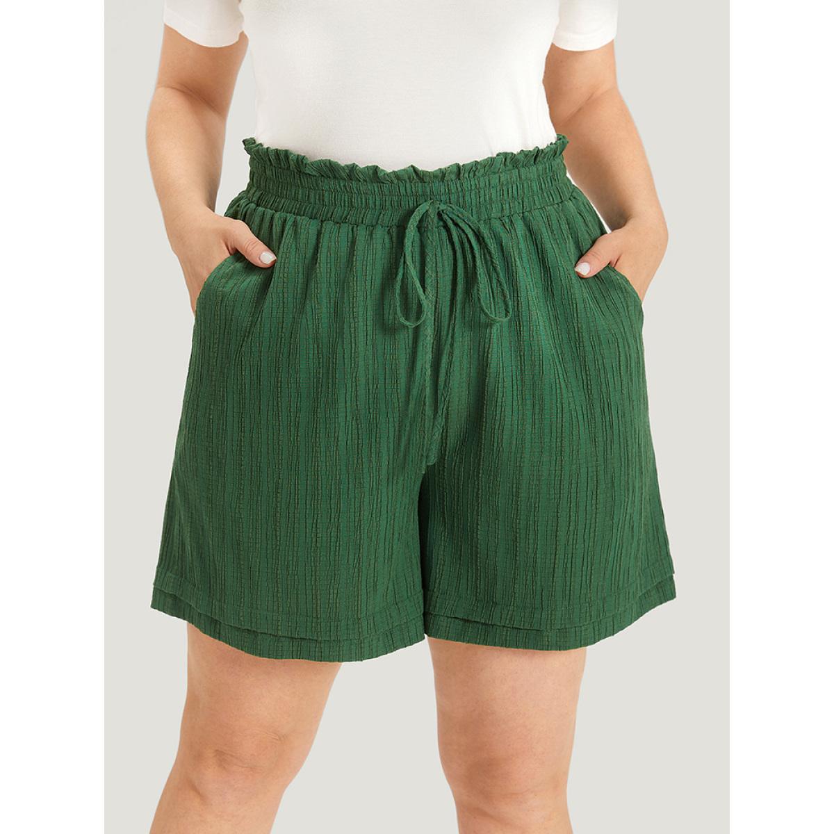 Plus Size Plisse Ties Pocket Paperbag Waist Layered Hem Shorts Women Green Casual Texture Dailywear Shorts BloomChic 22-24/3X Product Image
