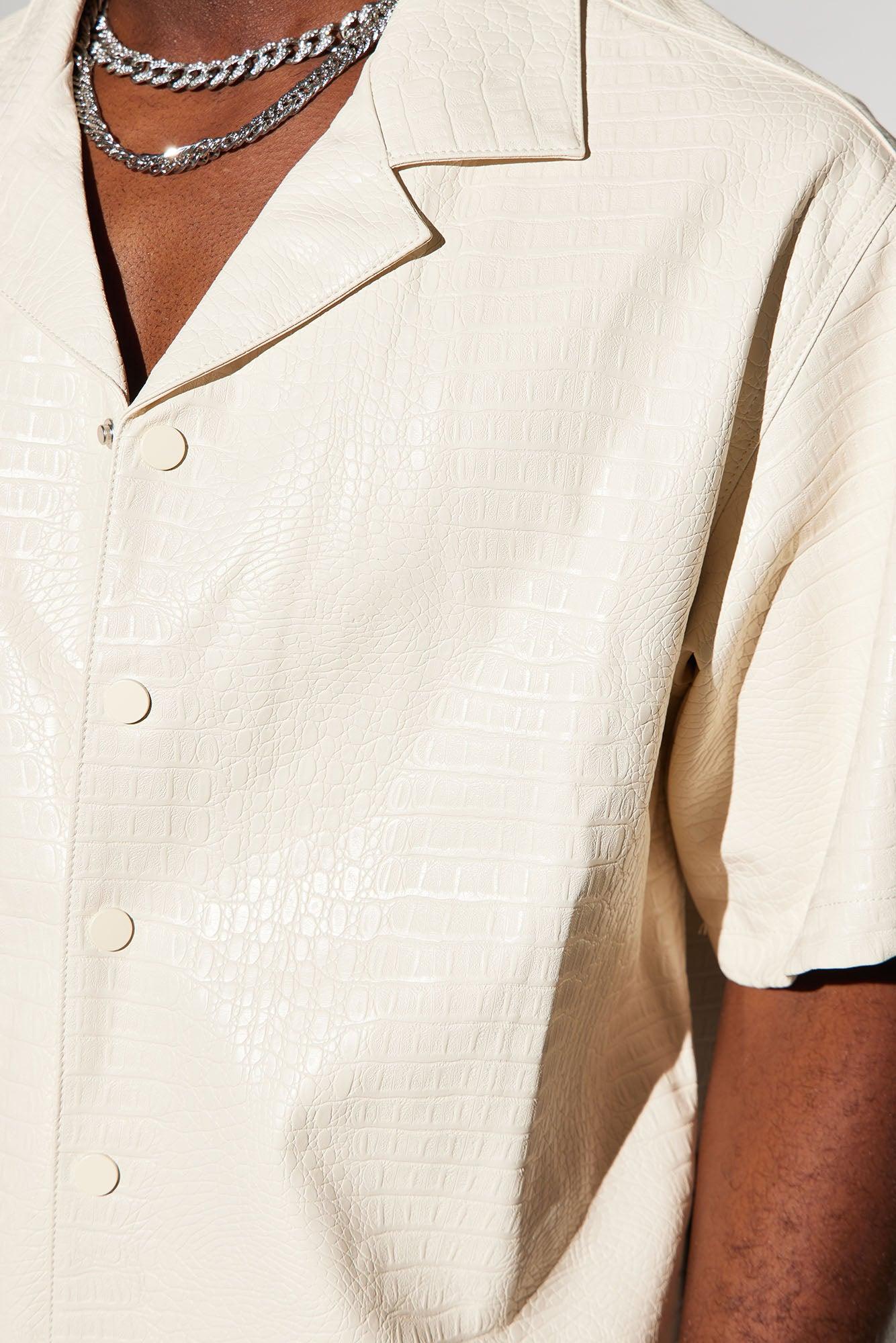 Gotta Run Faux Croc Leather Cropped Button Up Shirt - Cream Product Image