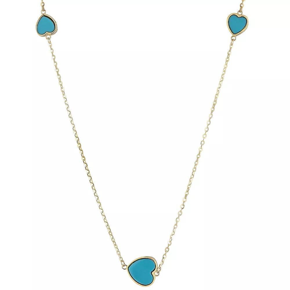 LUMINOR GOLD 14k Gold Gemstone 3-Heart Station Necklace, Women's, Size: 18", Turquoise Product Image