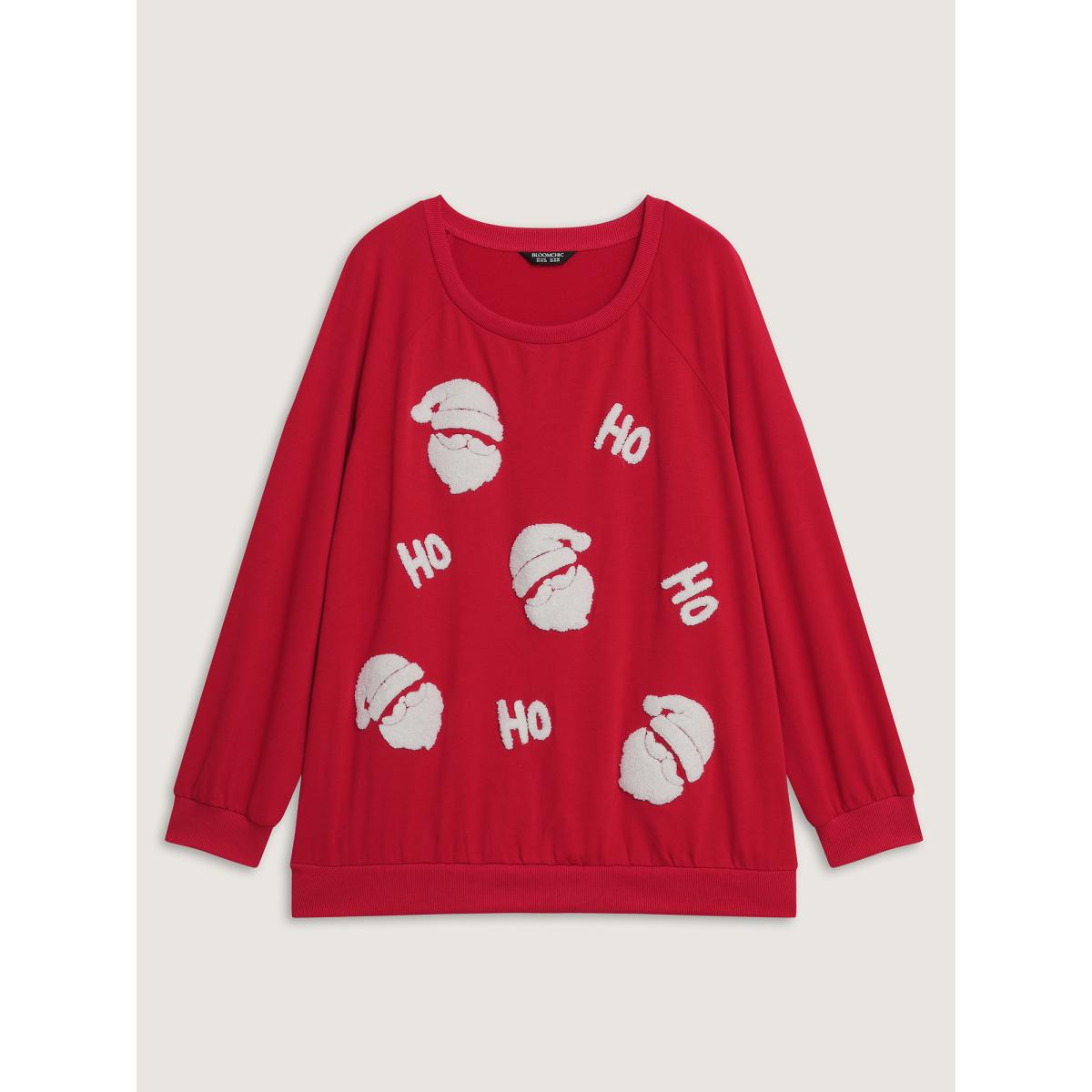Plus Size Supersoft Ho Ho Holiday Embroidered Sweatshirt Women Brightred Playful Contrast Round Neck Casual Sweatshirts BloomChic 18-20/2X Product Image