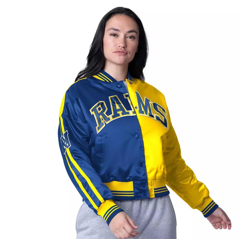 Women's Starter Royal/Gold Los Angeles Rams Zone Blitz Cropped Full-Snap Satin Jacket,  Product Image