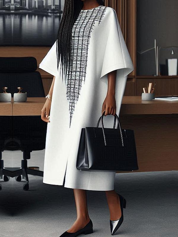 Loose Three-Quarter Sleeves Printed Split-Front Round-Neck Midi Dresses Product Image