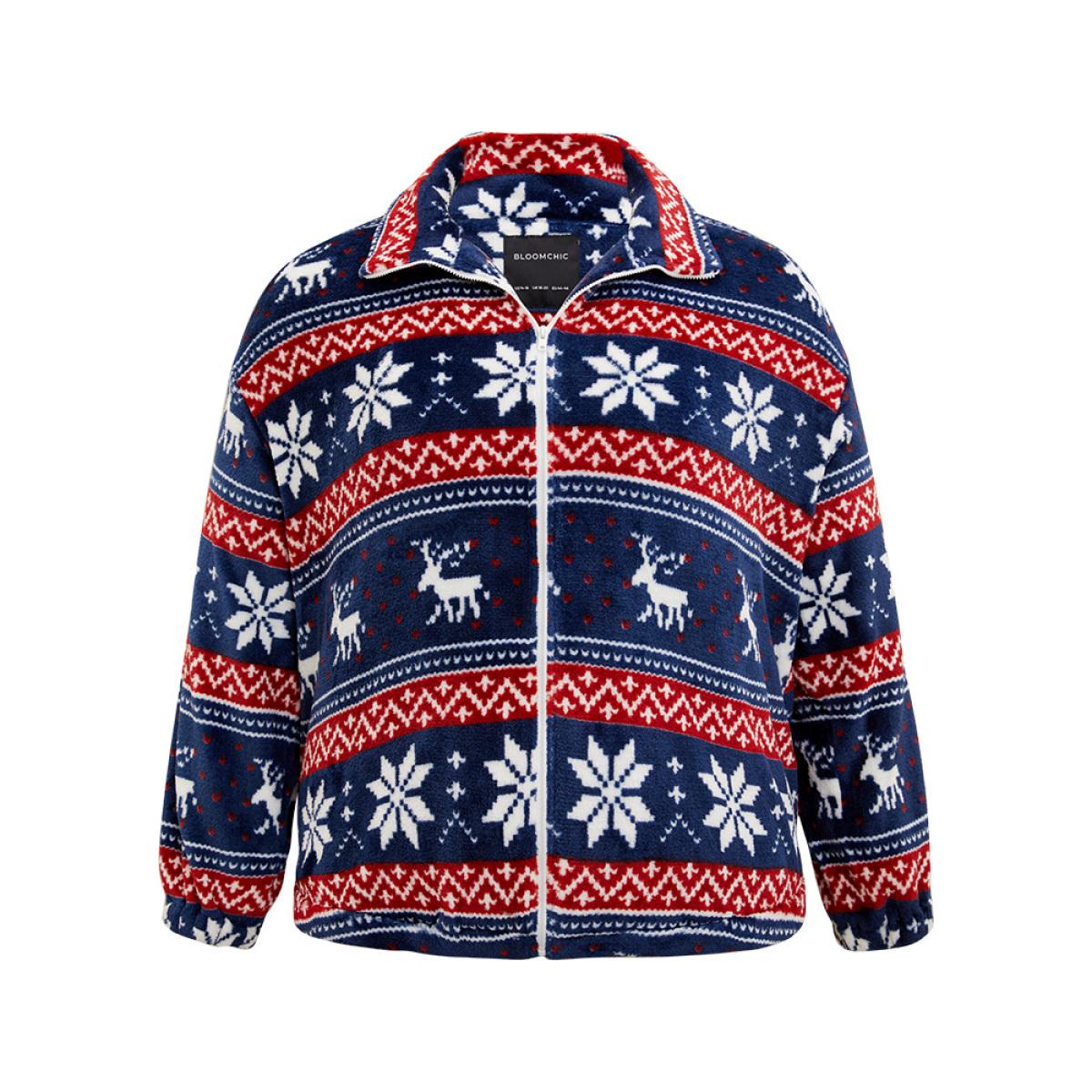 Plus Size Christmas Contrast Zipper Elastic Cuffs Jacket Women Indigo Elastic cuffs Dailywear Jackets BloomChic 28/5X Product Image