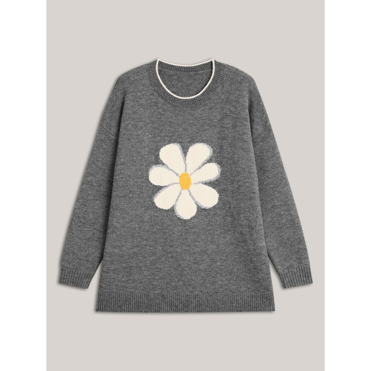 Plus Size Floral Textured Crew Neck Pullover DarkGray Women Playful Loose Long Sleeve Round Neck Casual Pullovers BloomChic 22-24/3X Product Image