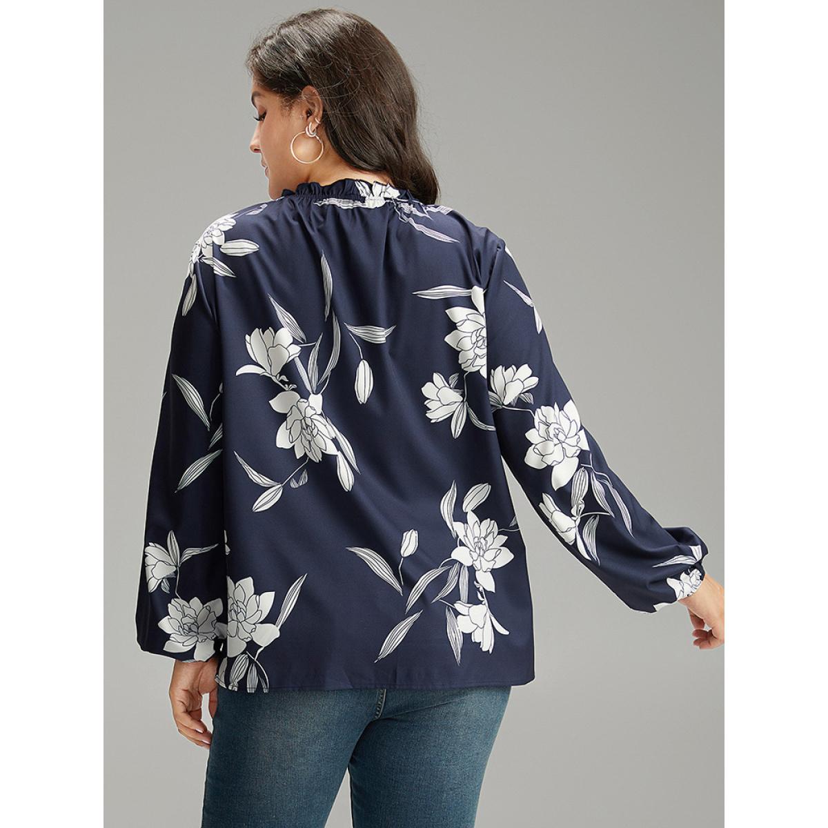 Plus Size Indigo Silhouette Floral Print Frill Trim Pleated Blouse Women Elegant Long Sleeve Round Neck Dailywear Blouses BloomChic 10/M Product Image