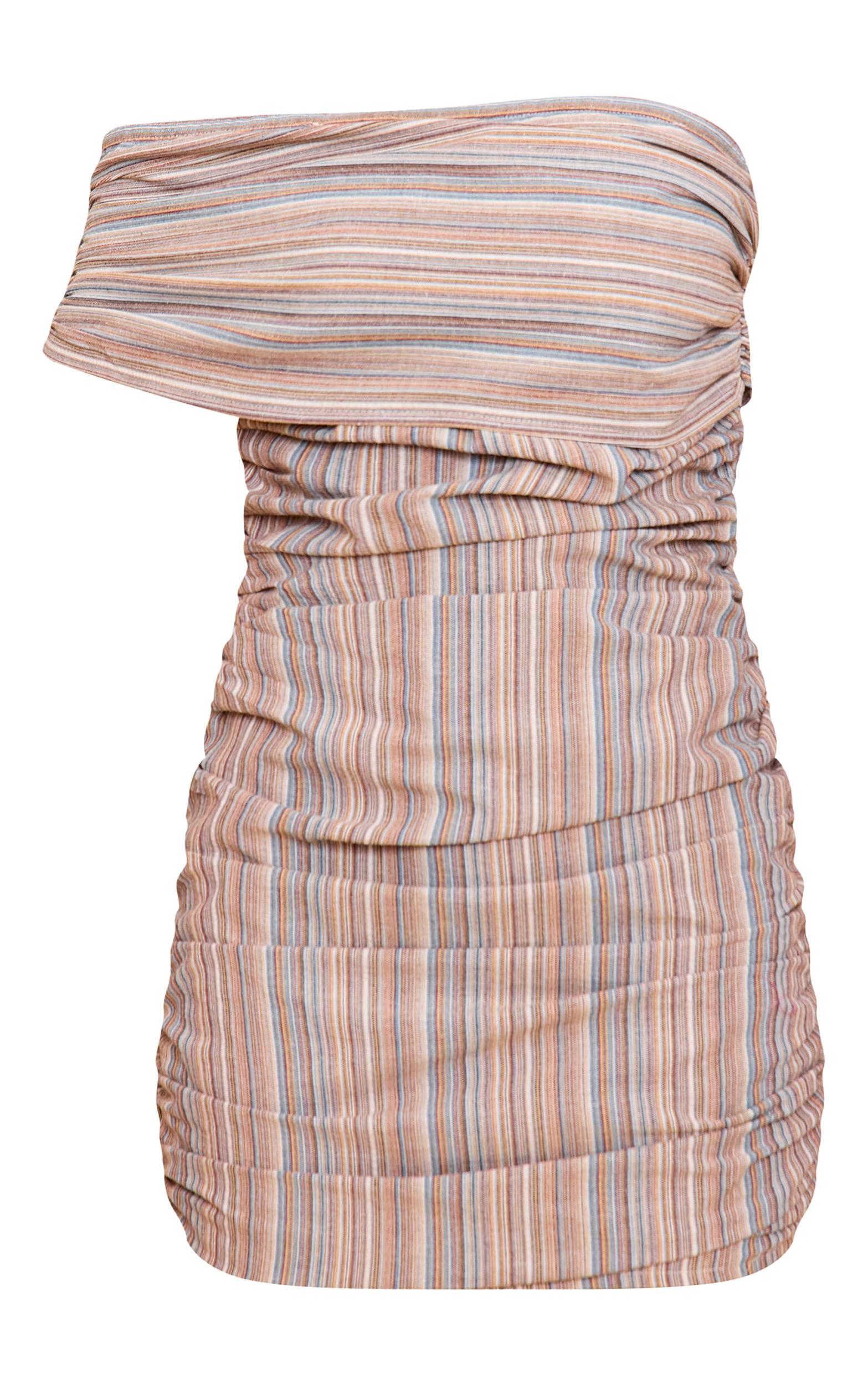 Blue Striped Asymmetric Bardot Bodycon Dress Product Image