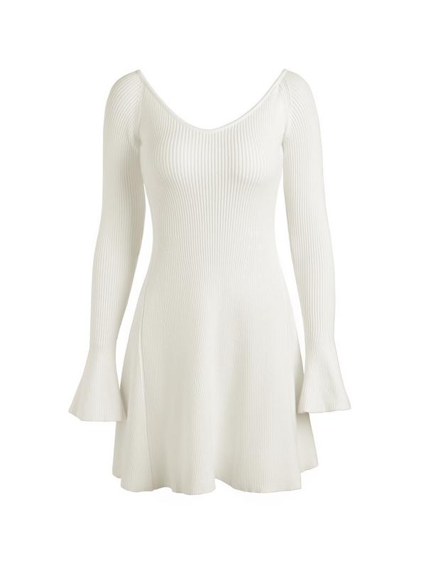 Solid V Neck Ribbed A-line Knit Mini Dress Product Image