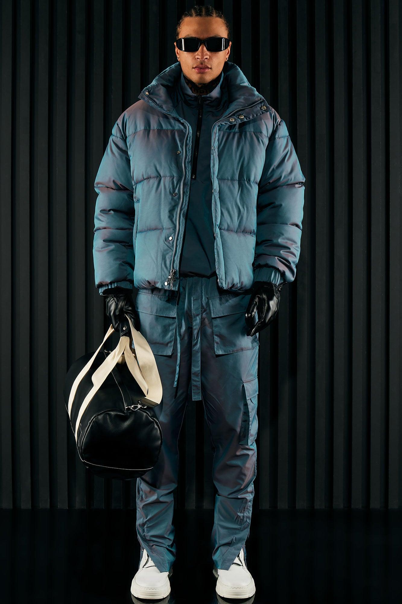 Stormy Iridescent Nylon Cropped Puffer Jacket - Blue Product Image