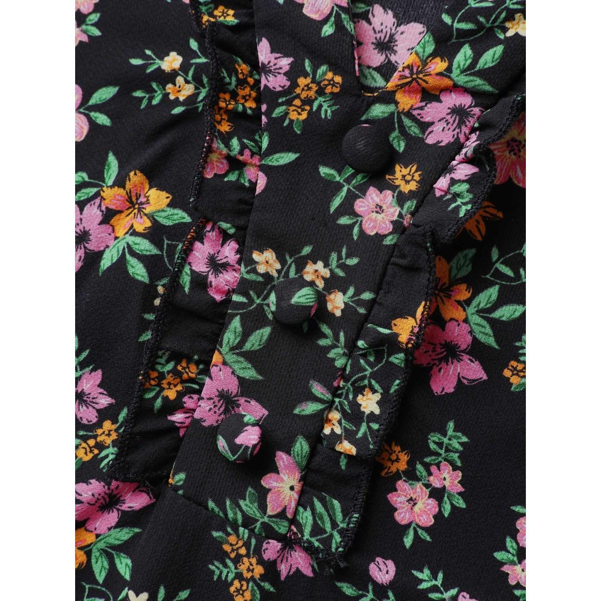 Plus Size Black Floral Print Ruffled Neckline Flowy Blouse Women Timeless Elbow-length sleeve Notched collar Elegant Blouses BloomChic 10/M Product Image