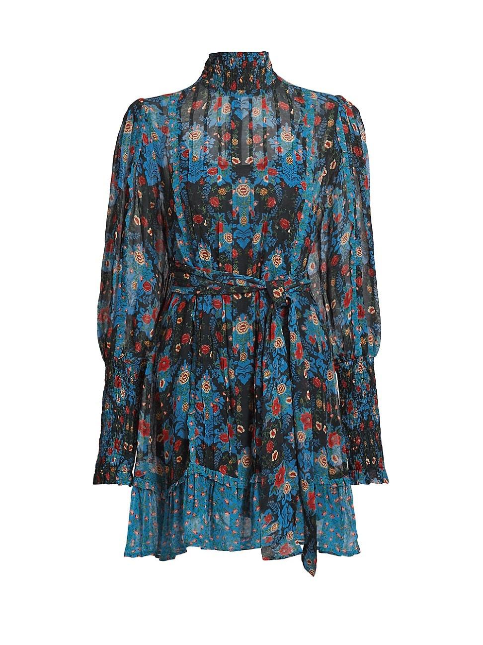 Blue Arabesque Floral High Neck Mini Dress Product Image