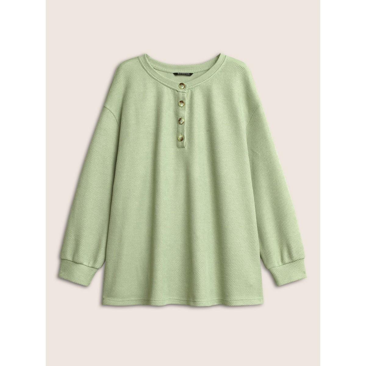 Plus Size Plain Button Detail Textured Sweatshirt Women LightGreen Casual Non Round Neck Everyday Sweatshirts BloomChic 28/5X Product Image