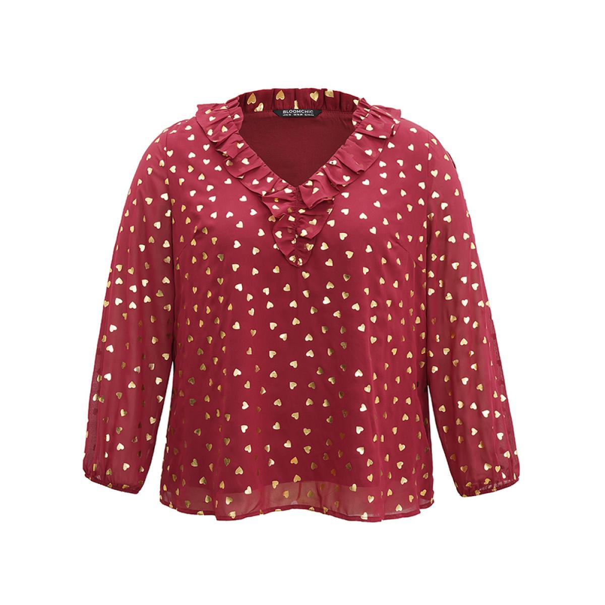 Plus Size Scarlet Glitter Heart Flutters Lantern Sleeve Blouse Women Glamour Long Sleeve V-neck Dailywear Blouses BloomChic 10/M Product Image