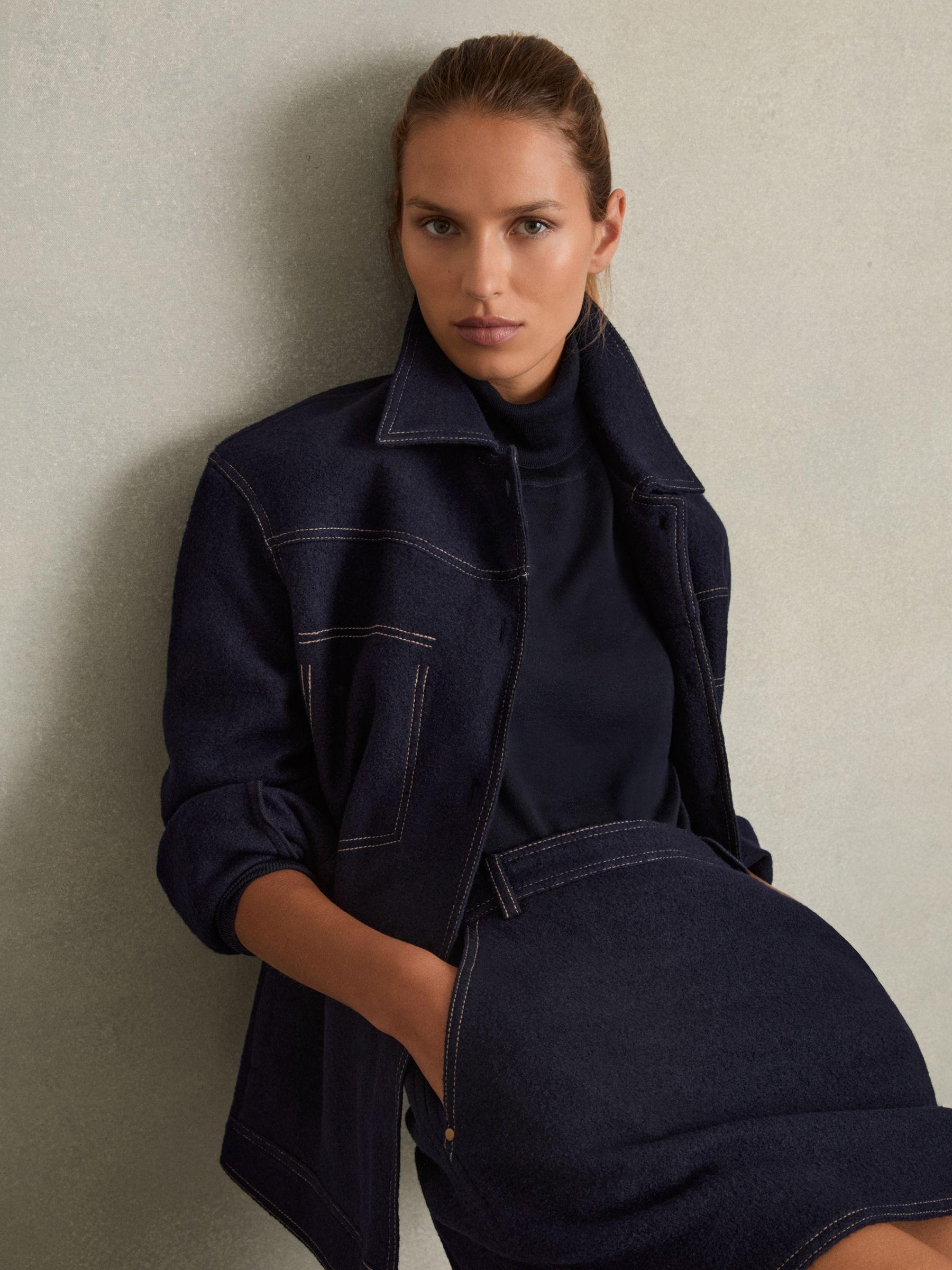 Wool-Blend Topstitched Mini Skirt in Navy Product Image