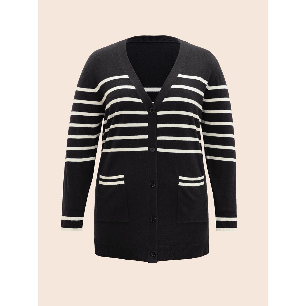 Plus Size Striped V Neck Button Up Pocket Cardigan Black Women Casual Loose Long Sleeve Everyday Cardigans BloomChic 22-24/3X Product Image