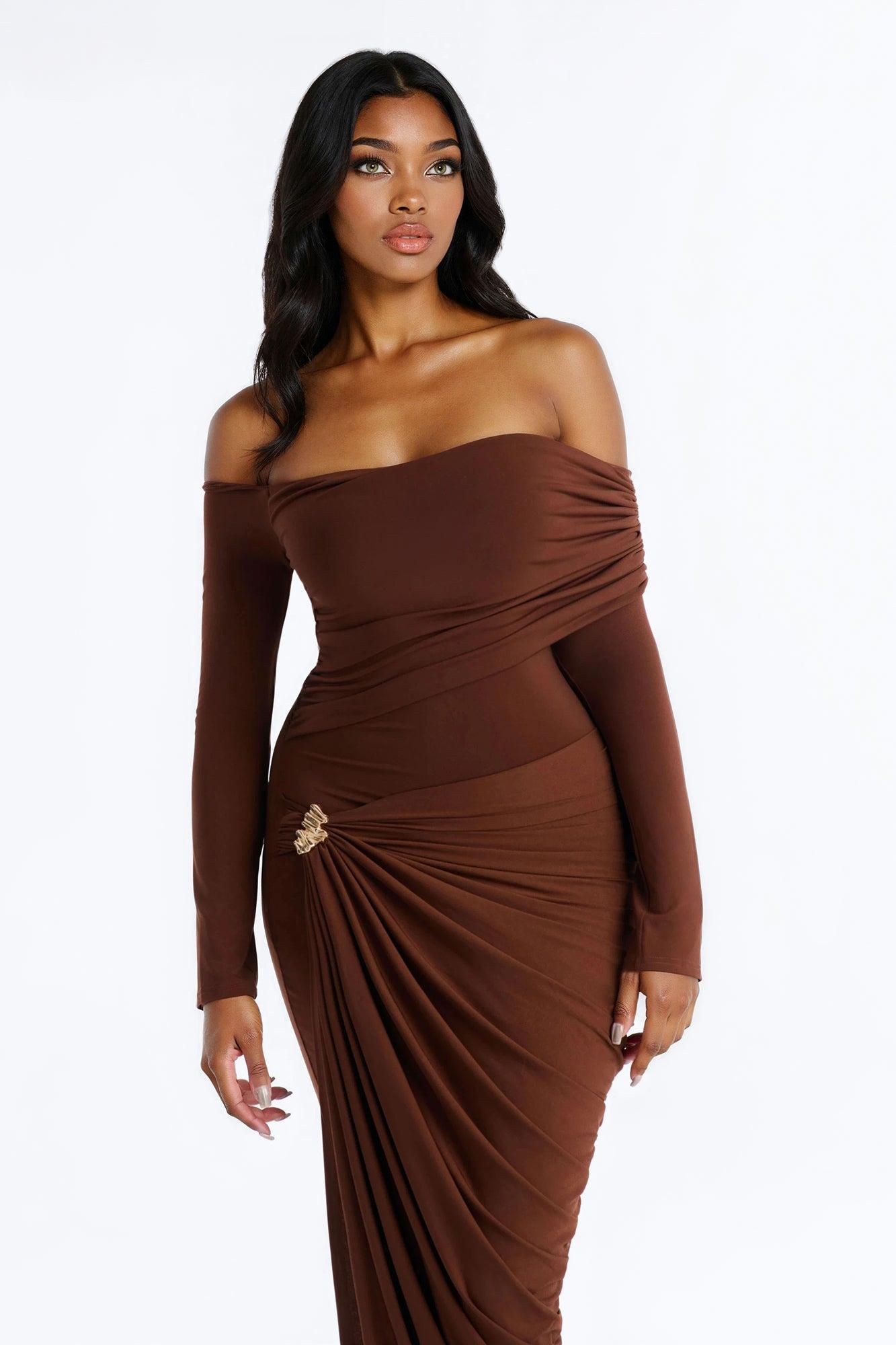 Not Your Type Off Shoulder Maxi Dress - Chocolate Female Product Image