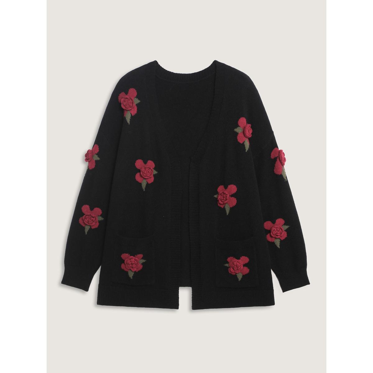 Plus Size 3D Floral Pattern Pockets Knit Cardigan Black Women Leisure Loose Long Sleeve Casual Cardigans BloomChic 12/L Product Image