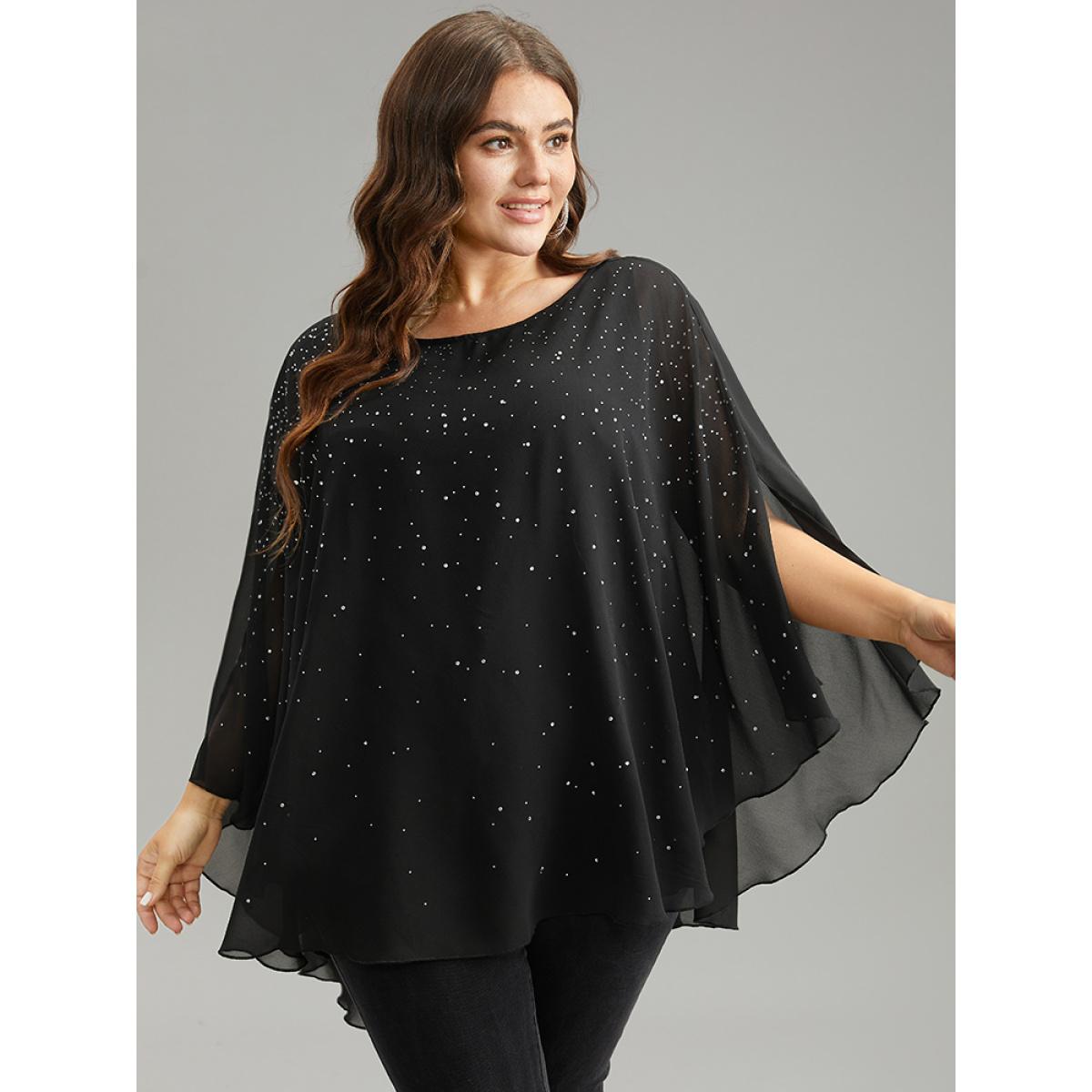 Plus Size Black Chiffon Rhinestone Split Dolman Sleeve Blouse Women Cocktail Elbow-length sleeve Round Neck Party Blouses BloomChic 18-20/2X Product Image