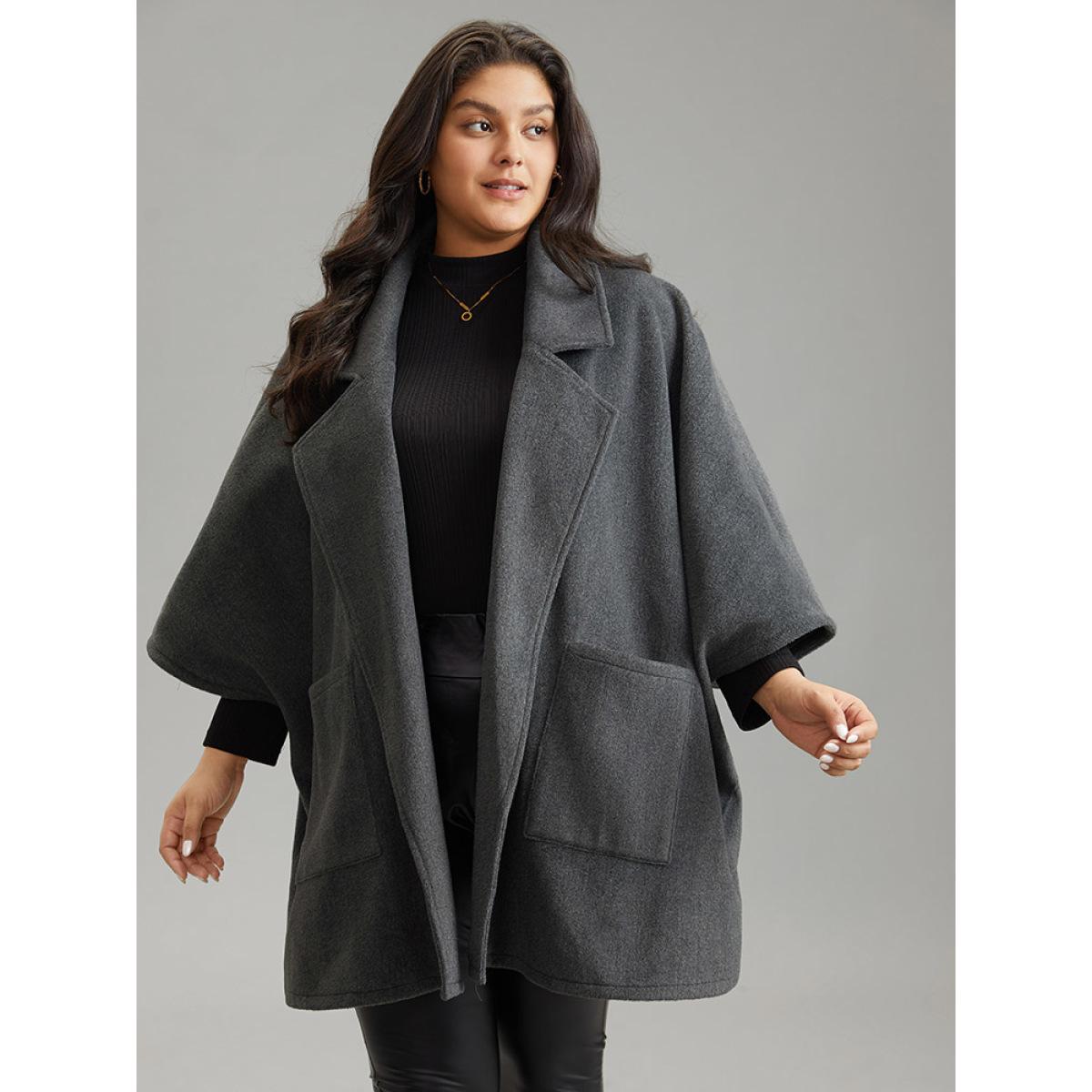 Plus Size Batwing Sleeve Lapel Collar Coat Women DimGray Casual Plain Ladies Dailywear Winter Coats BloomChic 26/4X Product Image