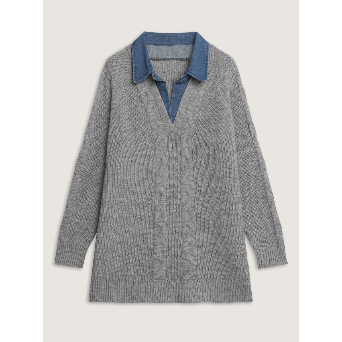 Plus Size Supersoft Color Contrast Collar Textured Pullover DarkGray Women Leisure Loose Long Sleeve Polo Casual Pullovers BloomChic 28/5X Product Image