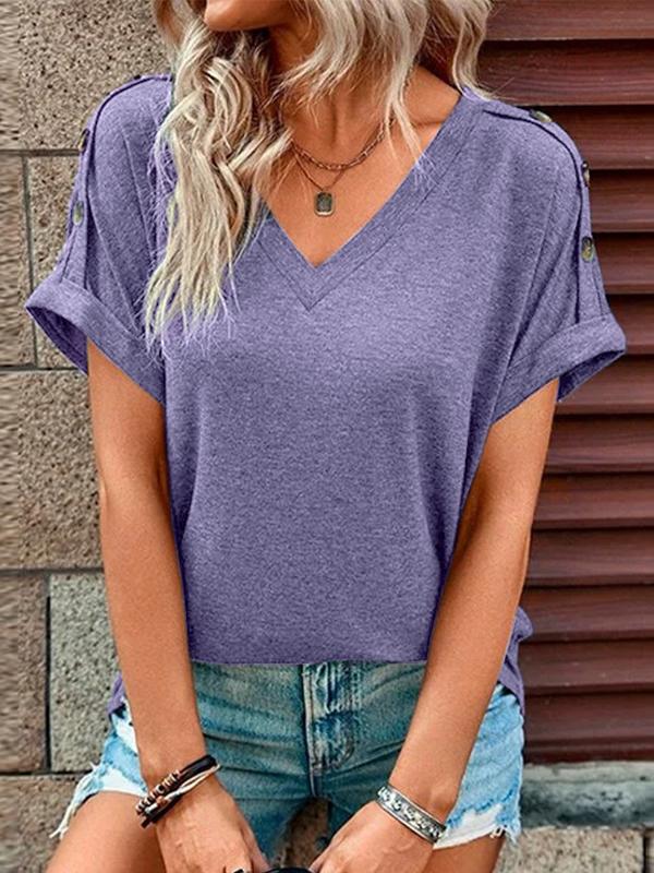 Loose Short Sleeves Buttoned Solid Color V-Neck T-Shirts Tops Product Image