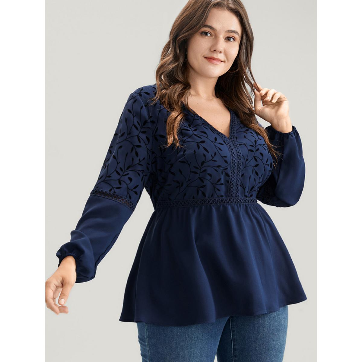 Plus Size DarkBlue Plants Lantern Sleeve Lace Insert Blouse Women Glamour Long Sleeve V-neck Going out Blouses BloomChic 10/M Product Image