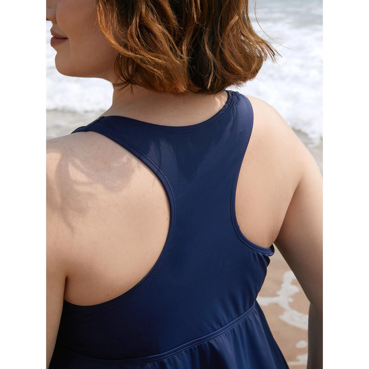 Plus Size Plain Gathered Flutter Halter Neck Tankini Top Women's Swimwear Indigo Vacation Gathered High stretch Skinny Halter neck Curve Swim Tops BloomChic 30/6X Product Image