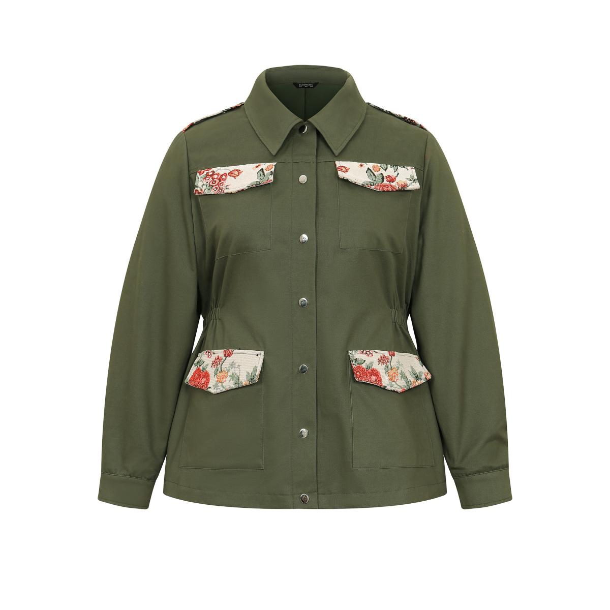 Plus Size Jacquard Patchwork Elastic Waist Flap Pocket Jacket Women ArmyGreen Lined Pocket Dailywear Jackets BloomChic 18-20/2X Product Image