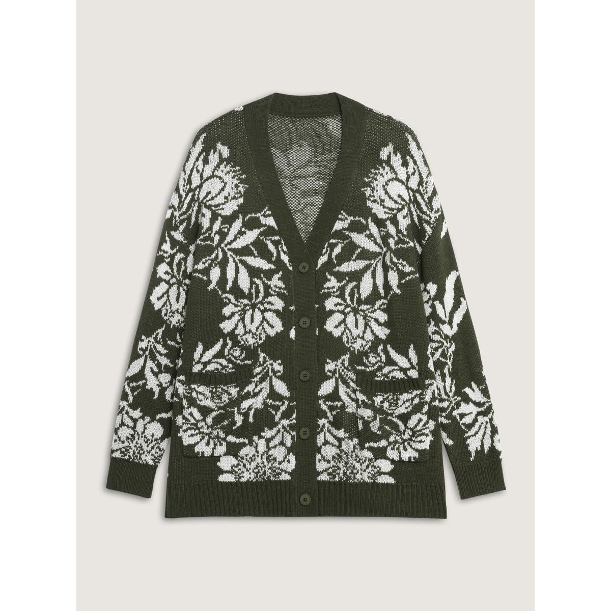 Plus Size Floral Pattern V-Neck Knit Cardigan ArmyGreen Women Leisure Loose Long Sleeve Casual Cardigans BloomChic 18-20/2X Product Image